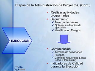 Etapas de la Administración de Proyectos, (Cont.)
• Realizar actividades
programadas
• Seguimiento
 Toma de decisiones
 Obtener evidencias de
ejecución
 Identificación Riesgos
• Comunicación
 Término de actividades
 Riesgos
 Cambios requeridos Línea
Base (Plan Inicial)
• Indicadores de Calidad
durante la Ejecución
EJECUCION
 