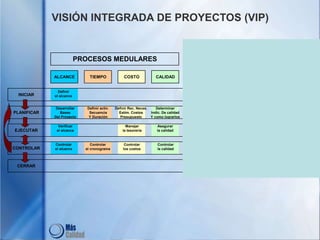 VISIÓN INTEGRADA DE PROYECTOS (VIP)
ALCANCE TIEMPO COSTO CALIDAD RRHH COMUNIC. RIESGOS ADQUISIC.
INICIAR
PLANIFICAR
EJECUTAR
CONTROLAR
CERRAR
PROCESOS MEDULARES PROCESOS FACILITADORES
Definir
el alcance
Desarrollar
Bases
Del Proyecto
Definir activ.
Secuencia
Y Duración
Definir Rec. Neces.
Estim. Costos
Presupuesto
Determinar
Indic. De calidad
Y como lograrlos
Determinar
Roles y Respons.
Adquis. Personal
Determinar
Requerimientos
comunicacionales
Identificarlos
Evaluarlos
Plan Respuesta
Identif. Neces.
Generar Requisic.
Verificar
el alcance
Manejar
la tesorería
Asegurar
la calidad
Desarrollar
el equipo
Distribuir
la información
Obten. Ofertas
Selec. Proveed.
Admin. contrato
Controlar
el alcance
Controlar
el cronograma
Controlar
los costos
Controlar
la calidad
Reportar
Progreso
Fís. Y Financ.
Controlar
respuestas
Evaluar
desempeño
Cierre
administrativo
Cierre
de contratos
 