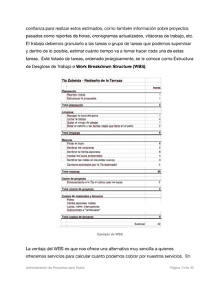 conﬁanza para realizar estos estimados, como también información sobre proyectos
pasados como reportes de horas, cronogramas actualizados, vitácoras de trabajo, etc.
El trabajo debemos granularlo a las tareas o grupo de tareas que podemos supervisar
y dentro de lo posible, estimar cuánto tiempo va a tomar hacer cada una de estas
tareas. Este listado de tareas, ordenado jerárgicamente, se le conoce como Estructura
de Desglose de Trabajo o Work Breakdown Structure (WBS).




                                               Ejemplo de WBS



La ventaja del WBS es que nos ofrece una alternativa muy sencilla a quienes
ofrecemos servicios para calcular cuánto podemos cobrar por nuestros servicios. En

Administración de Proyectos para Todos 
   
      
             
   
   
 Página 13 de 32
 