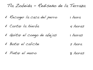 Tía Zobeida - Rediseño de la Terraza

✓   Recoger la caca del perro   1 hora

✓   Cortar la hierba            4 horas

✓   Quitar el congo de abejas   1 horas

✓   Botar el caliche            2 hora

✓   Pintar el muro              8 horas
 