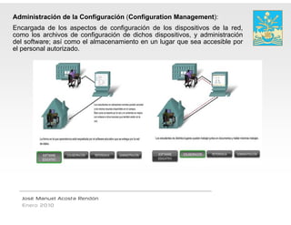 Administración de la Configuración (Configuration Management):
Encargada de los aspectos de configuració de los dispositivos de la red,
      g               p            g     ón            p                  ,
como los archivos de configuración de dichos dispositivos, y administración
del software; así como el almacenamiento en un lugar que sea accesible por
                                          n
el personal autorizado.




   José Manuel Acosta Rendón
   Enero 2010
 