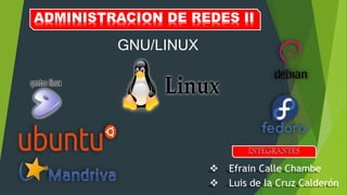 ADMINISTRACION DE REDES II
GNU/LINUX
 Efrain Calle Chambe
 Luis de la Cruz Calderón
 