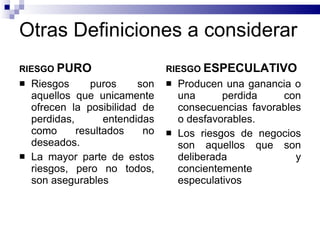 Otras Definiciones a considerar RIESGO  PURO Riesgos puros son aquellos que unicamente ofrecen la posibilidad de perdidas, entendidas como resultados no deseados. La mayor parte de estos riesgos, pero no todos, son asegurables RIESGO  ESPECULATIVO Producen una ganancia o una perdida con consecuencias favorables o desfavorables. Los riesgos de negocios son aquellos que son deliberada y concientemente especulativos 