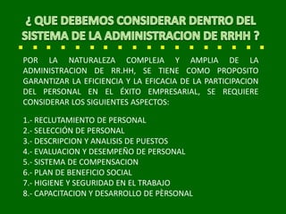 POR LA NATURALEZA COMPLEJA Y AMPLIA DE LA
ADMINISTRACION DE RR.HH, SE TIENE COMO PROPOSITO
GARANTIZAR LA EFICIENCIA Y LA EFICACIA DE LA PARTICIPACION
DEL PERSONAL EN EL ÉXITO EMPRESARIAL, SE REQUIERE
CONSIDERAR LOS SIGUIENTES ASPECTOS:
1.- RECLUTAMIENTO DE PERSONAL
2.- SELECCIÓN DE PERSONAL
3.- DESCRIPCION Y ANALISIS DE PUESTOS
4.- EVALUACION Y DESEMPEÑO DE PERSONAL
5.- SISTEMA DE COMPENSACION
6.- PLAN DE BENEFICIO SOCIAL
7.- HIGIENE Y SEGURIDAD EN EL TRABAJO
8.- CAPACITACION Y DESARROLLO DE PÈRSONAL
 