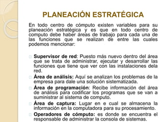 PLANEACIÓN ESTRATÉGICA
En todo centro de cómputo existen variables para su
planeación estratégica y es que en todo centro de
computo debe haber áreas de trabajo para cada una de
las funciones que se realizan de entre las cuales
podemos mencionar:
Supervisor de red: Puesto más nuevo dentro del área
que se trata de administrar, ejecutar y desarrollar las
funciones que tiene que ver con las instalaciones dela
red.
Área de análisis: Aquí se analizan los problemas de la
empresa para dale una solución sistematizada.
Área de programación: Recibe información del área
de análisis para codificar los programas que se van a
suministrar al sistema de computo.
Área de captura: Lugar en e cual se almacena la
información en la computadora para su procesamiento.
Operadores de cómputo: es donde se encuentra el
responsable de administrar la consola de sistemas.
 