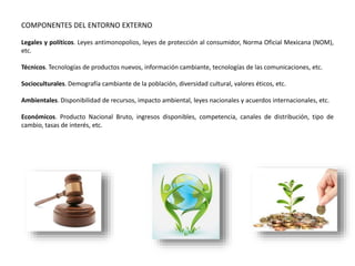 COMPONENTES DEL ENTORNO EXTERNO
Legales y políticos. Leyes antimonopolios, leyes de protección al consumidor, Norma Oficial Mexicana (NOM),
etc.
Técnicos. Tecnologías de productos nuevos, información cambiante, tecnologías de las comunicaciones, etc.
Socioculturales. Demografía cambiante de la población, diversidad cultural, valores éticos, etc.
Ambientales. Disponibilidad de recursos, impacto ambiental, leyes nacionales y acuerdos internacionales, etc.
Económicos. Producto Nacional Bruto, ingresos disponibles, competencia, canales de distribución, tipo de
cambio, tasas de interés, etc.
 
