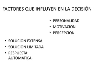 FACTORES QUE INFLUYEN EN LA DECISIÓN
• PERSONALIDAD
• MOTIVACION
• PERCEPCION
• SOLUCION EXTENSA
• SOLUCION LIMITADA
• RESPUESTA
AUTOMATICA
 