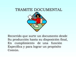 TRAMITE DOCUMENTAL Recorrido que surte un documento desde Su producción hasta su disposición final, En  cumplimiento  de  una  función  Específica y para lograr un propósito Común. 
