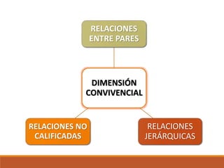 DIMENSIÓN
CONVIVENCIAL
RELACIONES
ENTRE PARES
RELACIONES
JERÁRQUICAS
RELACIONES NO
CALIFICADAS
 