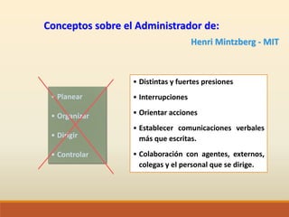 Conceptos sobre el Administrador de:
Henri Mintzberg - MIT
• Planear
• Organizar
• Dirigir
• Controlar
• Distintas y fuertes presiones
• Interrupciones
• Orientar acciones
• Establecer comunicaciones verbales
más que escritas.
• Colaboración con agentes, externos,
colegas y el personal que se dirige.
 