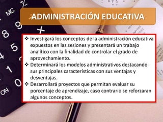  Investigará los conceptos de la administración educativa
expuestos en las sesiones y presentará un trabajo
analítico con la finalidad de controlar el grado de
aprovechamiento.
 Determinará los modelos administrativos destacando
sus principales características con sus ventajas y
desventajas.
 Desarrollará proyectos que permitan evaluar su
porcentaje de aprendizaje, caso contrario se reforzaran
algunos conceptos.
ADMINISTRACIÓN EDUCATIVA
 