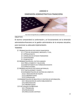 23
UNIDAD 2
DIMENSIÓN ADMINISTRATIVA-FINANCIERA
http://www.hormigamillonaria.com/2008/04/22/metas-de-la-administracion-financiera/
OBJETIVO
El alumno comprenderá la conformación y el funcionamiento de la dimensión
administrativa-financiera en la gestión administrativa de la empresa educativa,
para reconocer su adecuada implementación.
TEMARIO
2.1 ADMINISTRACIÓN DE RECURSOS FINANCIEROS
2.1.1 TIPO DE SOCIEDADES, MERCANTIL Y CIVIL
2.1.2 PRESUPUESTO
2.1.3 ANÁLISIS DE ESTADOS FINANCIEROS
2.1.4 INVERSIONES
2.1.5 IMPUESTOS
2.2 ADMINISTRACIÓN DEL FACTOR HUMANOS
2.2.1 RECLUTAMIENTO Y SELECCIÓN
2.2.2 DEPARTAMENTO DE FORMACIÓN DOCENTE
2.2.3 PRESTACIONES
2.3 ADMINISTRACIÓN DE RECURSOS MATERIALES.
2.3.1 INSTALACIONES Y EQUIPO
2.3.2 ADMINISTRACIÓN DE CENTROS DE CÓMPUTO
2.3.2.1 ADQUISICIÓN DE EQUIPO
2.3.2.2 NORMATIVIDAD
2.3.2.3 OPERACIÓN
2.4 ADMINISTRACIÓN DE BIBLIOTECA O CENTROS DE INFORMACIÓN.
2.4.1 ADQUISICIÓN DE ACERVO BIBLIOGRÁFICO
2.4.2 ORGANIZACIÓN
2.4.3 NORMATIVIDAD
2.5 ACTIVIDADES DE MERCADO
2.5.1 PROMOCIÓN
2.5.2 EGRESADOS
2.5.3 EDUCACIÓN CONTINÚA
 