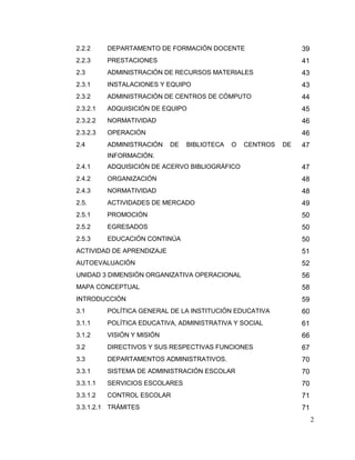 2
2.2.2 DEPARTAMENTO DE FORMACIÓN DOCENTE 39
2.2.3 PRESTACIONES 41
2.3 ADMINISTRACIÓN DE RECURSOS MATERIALES 43
2.3.1 INSTALACIONES Y EQUIPO 43
2.3.2 ADMINISTRACIÓN DE CENTROS DE CÓMPUTO 44
2.3.2.1 ADQUISICIÓN DE EQUIPO 45
2.3.2.2 NORMATIVIDAD 46
2.3.2.3 OPERACIÓN 46
2.4 ADMINISTRACIÓN DE BIBLIOTECA O CENTROS DE
INFORMACIÓN.
47
2.4.1 ADQUISICIÓN DE ACERVO BIBLIOGRÁFICO 47
2.4.2 ORGANIZACIÓN 48
2.4.3 NORMATIVIDAD 48
2.5. ACTIVIDADES DE MERCADO 49
2.5.1 PROMOCIÓN 50
2.5.2 EGRESADOS 50
2.5.3 EDUCACIÓN CONTINÚA 50
ACTIVIDAD DE APRENDIZAJE 51
AUTOEVALUACIÓN 52
UNIDAD 3 DIMENSIÓN ORGANIZATIVA OPERACIONAL 56
MAPA CONCEPTUAL 58
INTRODUCCIÓN 59
3.1 POLÍTICA GENERAL DE LA INSTITUCIÓN EDUCATIVA 60
3.1.1 POLÍTICA EDUCATIVA, ADMINISTRATIVA Y SOCIAL 61
3.1.2 VISIÓN Y MISIÓN 66
3.2 DIRECTIVOS Y SUS RESPECTIVAS FUNCIONES 67
3.3 DEPARTAMENTOS ADMINISTRATIVOS. 70
3.3.1 SISTEMA DE ADMINISTRACIÓN ESCOLAR 70
3.3.1.1 SERVICIOS ESCOLARES 70
3.3.1.2 CONTROL ESCOLAR 71
3.3.1.2.1 TRÁMITES 71
 