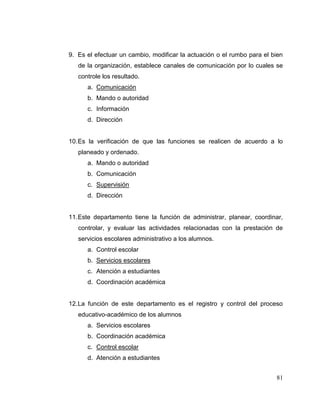 81
9. Es el efectuar un cambio, modificar la actuación o el rumbo para el bien
de la organización, establece canales de comunicación por lo cuales se
controle los resultado.
a. Comunicación
b. Mando o autoridad
c. Información
d. Dirección
10.Es la verificación de que las funciones se realicen de acuerdo a lo
planeado y ordenado.
a. Mando o autoridad
b. Comunicación
c. Supervisión
d. Dirección
11.Este departamento tiene la función de administrar, planear, coordinar,
controlar, y evaluar las actividades relacionadas con la prestación de
servicios escolares administrativo a los alumnos.
a. Control escolar
b. Servicios escolares
c. Atención a estudiantes
d. Coordinación académica
12.La función de este departamento es el registro y control del proceso
educativo-académico de los alumnos
a. Servicios escolares
b. Coordinación académica
c. Control escolar
d. Atención a estudiantes
 