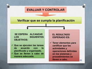 EVALUAR Y CONTROLAR


     Verificar que se cumpla la planificación



  SE ESPERA ALCANZAR              EL RESULTADO
  LOS        SIGUIENTES           ESPERADO ES:
  OBJETIVOS:
                                 Tener elementos para
 Que se ejecuten las tareas      certificar que las
  de     acuerdo    con    lo     actividades y
  planificado y organizado.       operaciones definidas
 Que se lleven a cabo de         en los sistemas y
  manera adecuada.                procedimientos se
                                  lleven a cabo.          20
 