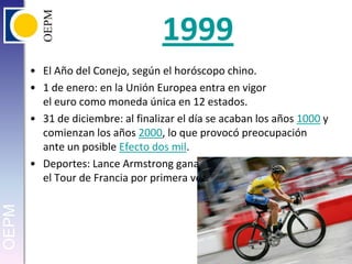 1999El Año del Conejo, según el horóscopo chino.1 de enero: en la Unión Europea entra en vigor el euro como moneda única en 12 estados.31 de diciembre: al finalizar el día se acaban los años 1000 y comienzan los años 2000, lo que provocó preocupación ante un posible Efecto dos mil.Deportes: Lance Armstrong ganael Tour de Francia por primera vez.