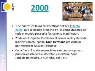 20001 de enero: los fallos catastróficos del Y2K ('Efecto 2000') que se habían predicho en los computadores de todo el mundo para esta fecha no se manifiestan.23 de abril: España: Comienza el primer reality show de la televisión en España, Gran Hermano presentado por Mercedes Milá en Telecinco.Copa Davis: España se proclama campeona y gana su primera ensaladera al derrotar, en el PalauSant Jordi de Barcelona, a Australia, por 3 a 1