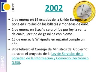 20021 de enero: en 12 estados de la Unión Europea se pone en circulación los billetes y monedas de euro.1 de enero: en España se prohíbe por ley la venta de cualquier tipo de gasolina con plomo.15 de enero: la Wikipedia en español cumple un año.8 de febrero el Consejo de Ministros del Gobierno aprueba el proyecto de la Ley de Servicios de la Sociedad de la Información y Comercio Electrónico (LSSI).
