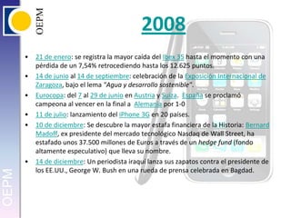200821 de enero: se registra la mayor caída del Ibex 35 hasta el momento con una pérdida de un 7,54% retrocediendo hasta los 12.625 puntos.14 de junio al 14 de septiembre: celebración de la Exposición Internacional de Zaragoza, bajo el lema "Agua y desarrollo sostenible".Eurocopa: del 7 al 29 de junio en Austria y Suiza.  España se proclamó campeona al vencer en la final a  Alemania por 1-011 de julio: lanzamiento del iPhone 3G en 20 países.10 de diciembre: Se descubre la mayor estafa financiera de la Historia: Bernard Madoff, ex presidente del mercado tecnológico Nasdaq de Wall Street, ha estafado unos 37.500 millones de Euros a través de un hedgefund (fondo altamente especulativo) que lleva su nombre.14 de diciembre: Un periodista iraquí lanza sus zapatos contra el presidente de los EE.UU., George W. Bush en una rueda de prensa celebrada en Bagdad. 