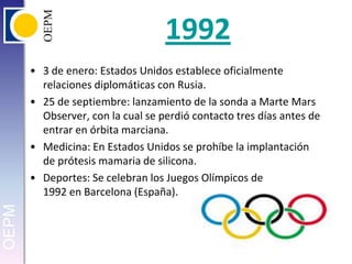 19923 de enero: Estados Unidos establece oficialmente relaciones diplomáticas con Rusia.25 de septiembre: lanzamiento de la sonda a Marte MarsObserver, con la cual se perdió contacto tres días antes de entrar en órbita marciana.Medicina: En Estados Unidos se prohíbe la implantación de prótesis mamaria de silicona.Deportes: Se celebran los Juegos Olímpicos de 1992 en Barcelona (España).