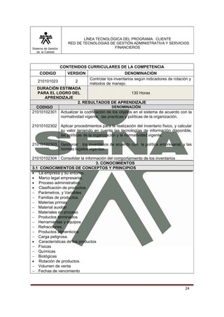 LÍNEA TECNOLÓGICA DEL PROGRAMA: CLIENTE
                        RED DE TECNOLOGIAS DE GESTIÓN ADMINISTRATIVA Y SERVICIOS
Sistema de Gestión                           FINANCIEROS
   de la Calidad




                     CONTENIDOS CURRICULARES DE LA COMPETENCIA
     CODIGO            VERSION                        DENOMINACION
                                  Controlar los inventarios según indicadores de rotación y
   210101023               2
                                  métodos de manejo.
  DURACIÓN ESTIMADA
  PARA EL LOGRO DEL                                  130 Horas
      APRENDIZAJE
                     2. RESULTADOS DE APRENDIZAJE
  CODIGO                                 DENOMINACIÓN
21010102301 Actualizar la codificación de los objetos en el sistema de acuerdo con la
            normatividad vigente, las practicas y políticas de la organización.

21010102302 Aplicar procedimientos para la realización del inventario físico, y calcular
            su valor teniendo en cuenta las tecnologías de información disponible,
            las políticas de la organización y la normatividad vigente.

21010102303 Gestionar los inventarios de acuerdo con la política empresarial, y las
            normas legales vigentes.

21010102304 Consolidar la información del comportamiento de los inventarios
                                  3. CONOCIMIENTOS
3.1 CONOCIMIENTOS DE CONCEPTOS Y PRINCIPIOS
• La empresa y su entorno.
• Marco legal empresarial.
• Proceso administrativo.
• Clasificación de productos.
− Parámetros, y Variables
− Familias de productos.
− Materias primas
− Material auxiliar
− Materiales en proceso
− Productos terminados
− Herramientas y equipos
− Refracciones
− Productos alimenticios
− Carga peligrosa.
• Características de los productos
− Físicas
− Químicas
− Biológicas
• Rotación de productos.
− Volumen de venta
− Fechas de vencimiento



                                                                                       24
 