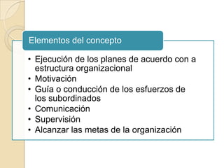 Elementos del concepto

• Ejecución de los planes de acuerdo con a
  estructura organizacional
• Motivación
• Guía o conducción de los esfuerzos de
  los subordinados
• Comunicación
• Supervisión
• Alcanzar las metas de la organización
 