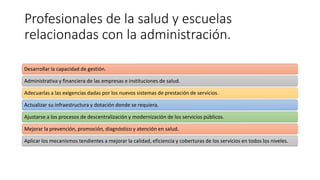 Profesionales de la salud y escuelas
relacionadas con la administración.
Desarrollar la capacidad de gestión.
Administrativa y financiera de las empresas e instituciones de salud.
Adecuarlas a las exigencias dadas por los nuevos sistemas de prestación de servicios.
Actualizar su infraestructura y dotación donde se requiera.
Ajustarse a los procesos de descentralización y modernización de los servicios públicos.
Mejorar la prevención, promoción, diagnóstico y atención en salud.
Aplicar los mecanismos tendientes a mejorar la calidad, eficiencia y coberturas de los servicios en todos los niveles.
 