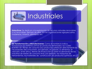 Industriales
Extractivas: Se dedican a la explotación de recursos naturales renovables
o no renovables. Ejemplo de ellas son las organizaciones agropecuarias,
madereras, mineras, petroleras, etc.
De Transformación o Manufactureras: Como el nombre lo indica,
transforman las materias primas en productos terminados, los cuales
pueden ser: Bienes de consumo (Sus productos satisfacen directamente las
necesidades del consumidor, por ejemplo, el calzado, lo alimentos, el
vestuario, entre otros.); Bienes de Producción (Cubren la demanda de las
industrias de bienes de consumo final, por ejemplo, las máquinas de
herramientas, los materiales de construcción, los productos químicos, etc.)
 