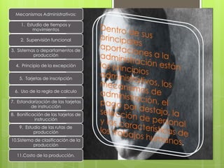 Mecanismos Administrativos:
1. Estudio de tiempos y
movimientos
2. Supervisión funcional
3. Sistemas o departamentos de
producción
4. Principio de la excepción
5. Tarjetas de inscripción
6. Uso de la regla de calculo
7. Estandarización de las tarjetas
de instrucción
8. Bonificación de las tarjetas de
instrucción
9. Estudio de las rutas de
producción
10.Sistema de clasificación de la
producción
11.Costo de la producción.
 
