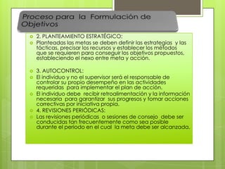  2. PLANTEAMIENTO ESTRATÉGICO:
 Planteadas las metas se deben definir las estrategias y las
tácticas, precisar los recursos y establecer los métodos
que se requieren para conseguir los objetivos propuestos,
estableciendo el nexo entre meta y acción.
 3. AUTOCONTROL:
 El individuo y no el supervisor será el responsable de
controlar su propio desempeño en las actividades
requeridas para implementar el plan de acción.
 El individuo debe recibir retroalimentación y la información
necesaria para garantizar sus progresos y tomar acciones
correctivas por iniciativa propia.
 4. REVISIONES PERIÓDICAS:
 Las revisiones periódicas o sesiones de consejo debe ser
conducidas tan frecuentemente como sea posible
durante el periodo en el cual la meta debe ser alcanzada.
 