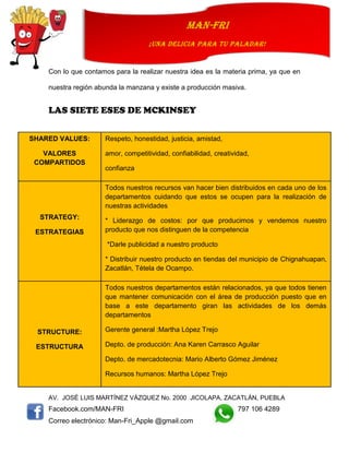 AV. JOSÉ LUIS MARTÍNEZ VÁZQUEZ No. 2000 JICOLAPA, ZACATLÁN, PUEBLA
Facebook.com/MAN-FRI 797 106 4289
Correo electrónico: Man-Fri_Apple @gmail.com
man-fri
¡UNA DELICIA PARA TU PALADAR!
Con lo que contamos para la realizar nuestra idea es la materia prima, ya que en
nuestra región abunda la manzana y existe a producción masiva.
LAS SIETE ESES DE MCKINSEY
SHARED VALUES:
VALORES
COMPARTIDOS
Respeto, honestidad, justicia, amistad,
amor, competitividad, confiabilidad, creatividad,
confianza
STRATEGY:
ESTRATEGIAS
Todos nuestros recursos van hacer bien distribuidos en cada uno de los
departamentos cuidando que estos se ocupen para la realización de
nuestras actividades
* Liderazgo de costos: por que producimos y vendemos nuestro
producto que nos distinguen de la competencia
*Darle publicidad a nuestro producto
* Distribuir nuestro producto en tiendas del municipio de Chignahuapan,
Zacatlán, Tétela de Ocampo.
STRUCTURE:
ESTRUCTURA
Todos nuestros departamentos están relacionados, ya que todos tienen
que mantener comunicación con el área de producción puesto que en
base a este departamento giran las actividades de los demás
departamentos
Gerente general :Martha López Trejo
Depto. de producción: Ana Karen Carrasco Aguilar
Depto. de mercadotecnia: Mario Alberto Gómez Jiménez
Recursos humanos: Martha López Trejo
 
