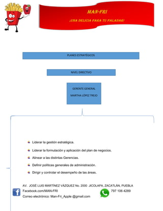 AV. JOSÉ LUIS MARTÍNEZ VÁZQUEZ No. 2000 JICOLAPA, ZACATLÁN, PUEBLA
Facebook.com/MAN-FRI 797 106 4289
Correo electrónico: Man-Fri_Apple @gmail.com
man-fri
¡UNA DELICIA PARA TU PALADAR!
Liderar la gestión estratégica.
Liderar la formulación y aplicación del plan de negocios.
Alinear a las distintas Gerencias.
Definir políticas generales de administración.
Dirigir y controlar el desempeño de las áreas.
PLANES ESTRATÉGICOS
NIVEL DIRECTIVO
GERENTE GENERAL
MARTHA LÓPEZ TREJO
 