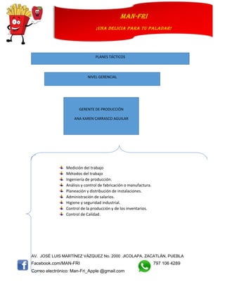AV. JOSÉ LUIS MARTÍNEZ VÁZQUEZ No. 2000 JICOLAPA, ZACATLÁN, PUEBLA
Facebook.com/MAN-FRI 797 106 4289
Correo electrónico: Man-Fri_Apple @gmail.com
man-fri
¡UNA DELICIA PARA TU PALADAR!
Medición del trabajo
Métodos del trabajo
Ingeniería de producción.
Análisis y control de fabricación o manufactura.
Planeación y distribución de instalaciones.
Administración de salarios.
Higiene y seguridad industrial.
Control de la producción y de los inventarios.
Control de Calidad.
PLANES TÁCTICOS
NIVEL GERENCIAL
GERENTE DE PRODUCCIÓN
ANA KAREN CARRASCO AGUILAR
 