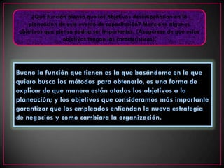 ¿Qué función piensa que los objetivos desempeñarían en la
   planeación de este evento de capacitación? Mencione algunos
objetivos que piensa podría ser importantes. (Asegúrese de que estos
                 objetivos tengan las características).




Bueno la función que tienen es la que basándome en lo que
quiero busco los métodos para obtenerlo, es una forma de
explicar de que manera están atados los objetivos a la
planeación; y los objetivos que consideramos más importante
garantizar que los empleados entiendan la nueva estrategia
de negocios y como cambiara la organización.
 