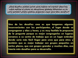 ¿Qué desafíos podrían existir para realizar tal evento? ¿Qué hay
 sobre realizar el evento en ubicaciones globales diferentes en un
corto periodo? ¿Cómo podrían preparase mejor para tales desafíos?




Uno de los desafíos creo es que tengamos algunos
inconvenientes con los participantes, el lugar donde se
congregaran y días y horas, y es muy factible la propuesta
de la pregunta porque es mejor congregarlos en lugares
cercanos a su centro de trabajo que en un lugar estándar
donde sería más fácil llegar para unos que para otros y
también que es mejor trabajar con grupos pequeños en
cortos plazos, que con grupos grandes y muchos días, eso
traería más desafíos para su desarrollo.
 