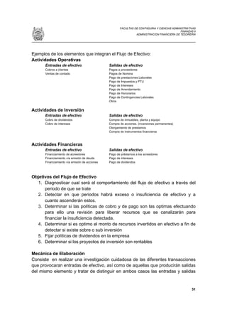 FACULTAD DE CONTADURIA Y CIENCIAS ADMINISTRATIVAS
                                                                                             FINANZAS II
                                                                ADMINISTRACION FINANCIERA DE TESORERIA




Ejemplos de los elementos que integran el Flujo de Efectivo:
Actividades Operativas
      Entradas de efectivo                     Salidas de efectivo
      Cobros a clientes                        Pagos a proveedores
      Ventas de contado                        Pagos de Nomina
                                               Pago de prestaciones Laborales
                                               Pago de Impuestos y PTU
                                               Pago de Intereses
                                               Pago de Arrendamiento
                                               Pago de Honorarios
                                               Pago de Contingencias Laborales
                                               Otros


Actividades de Inversión
      Entradas de efectivo                     Salidas de efectivo
      Cobro de dividendos                      Compra de inmuebles, planta y equipo
      Cobro de intereses                       Compra de acciones. (inversiones permanentes)
                                               Otorgamiento de prestamos
                                               Compra de instrumentos financieros



Actividades Financieras
      Entradas de efectivo                     Salidas de efectivo
      Financiamiento de acreedores             Pago de préstamos a los acreedores
      Financiamiento vía emisión de deuda      Pago de intereses
      Financiamiento vía emisión de acciones   Pago de dividendos




Objetivos del Flujo de Efectivo
  1. Diagnosticar cual será el comportamiento del flujo de efectivo a través del
      periodo de que se trate
  2. Detectar en que periodos habrá exceso o insuficiencia de efectivo y a
      cuanto ascenderán estos.
  3. Determinar si las políticas de cobro y de pago son las optimas efectuando
      para ello una revisión para liberar recursos que se canalizarán para
      financiar la insuficiencia detectada.
  4. Determinar si es optimo el monto de recursos invertidos en efectivo a fin de
      detectar si existe sobre o sub inversión
  5. Fijar políticas de dividendos en la empresa
  6. Determinar si los proyectos de inversión son rentables

Mecánica de Elaboración
Consiste en realizar una investigación cuidadosa de las diferentes transacciones
que provocaran entradas de efectivo, así como de aquellas que producirán salidas
del mismo elemento y tratar de distinguir en ambos casos las entradas y salidas


                                                                                                     51
 