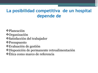 La posibilidad competitiva de un hospital
                depende de


Planeación
Organización
Satisfacción del trabajador
Presupuesto
Evaluación de gestión
Disposición de permanente retroalimentación
Ética como marco de referencia
 