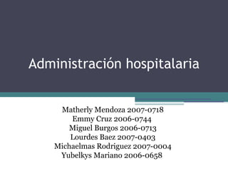 Administración hospitalaria


     Matherly Mendoza 2007-0718
        Emmy Cruz 2006-0744
        Miguel Burgos 2006-0713
        Lourdes Baez 2007-0403
    Michaelmas Rodriguez 2007-0004
     Yubelkys Mariano 2006-0658
 