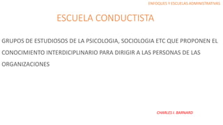 ESCUELA CONDUCTISTA
GRUPOS DE ESTUDIOSOS DE LA PSICOLOGIA, SOCIOLOGIA ETC QUE PROPONEN EL
CONOCIMIENTO INTERDICIPLINARIO PARA DIRIGIR A LAS PERSONAS DE LAS
ORGANIZACIONES
ENFOQUES Y ESCUELAS ADMINISTRATIVAS
CHARLES I. BARNARD
 