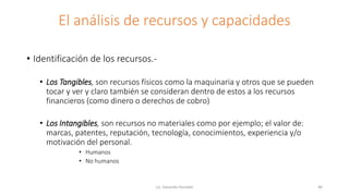 El análisis de recursos y capacidades
• Identificación de los recursos.-
• Los Tangibles, son recursos físicos como la maquinaria y otros que se pueden
tocar y ver y claro también se consideran dentro de estos a los recursos
financieros (como dinero o derechos de cobro)
• Los Intangibles, son recursos no materiales como por ejemplo; el valor de:
marcas, patentes, reputación, tecnología, conocimientos, experiencia y/o
motivación del personal.
• Humanos
• No humanos
Lic. Eduardo Hurtado 46
 