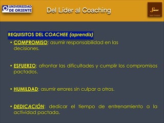 Del Líder al Coaching
Gestión Empresarial

REQUISITOS DEL COACHEE (aprendiz)	

• COMPROMISO: asumir responsabilidad en las  
decisiones.
!

• ESFUERZO: afrontar las dificultades y cumplir los compromisos
pactados.
!

• HUMILDAD: asumir errores sin culpar a otros.
!

• DEDICACIÓN: dedicar el tiempo de entrenamiento a la
actividad pactada.

 