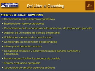 Del Líder al Coaching
Gestión Empresarial

ATRIBUTOS DEL COACH COMPETENTE	

• Conocimiento de los sistemas organizativos
• Experiencia en resolver problemas
• Conocimiento de las conductas de las personas y de los procesos grupales
• Disponer de un modelo de cambio empresarial
• Habilidades y técnicas de comunicación
• Comprender los mecanismos del aprendizaje
• Interés por el desarrollo humano
• Capacidad empática y perseverancia para generar confianza y
compromiso
• Paciencia para facilitar los procesos de cambio
• Realizar evaluación apropiada
• Capacidad de desafiar creencias erróneas

 