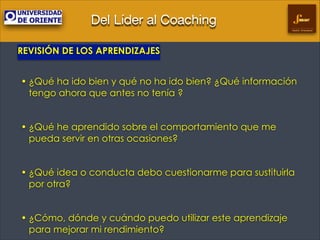 Del Líder al Coaching
Gestión Empresarial

REVISIÓN DE LOS APRENDIZAJES
!

• ¿Qué ha ido bien y qué no ha ido bien? ¿Qué información
tengo ahora que antes no tenía ?
!

• ¿Qué he aprendido sobre el comportamiento que me
pueda servir en otras ocasiones?
!

• ¿Qué idea o conducta debo cuestionarme para sustituirla
por otra?
!

• ¿Cómo, dónde y cuándo puedo utilizar este aprendizaje
para mejorar mi rendimiento?

 