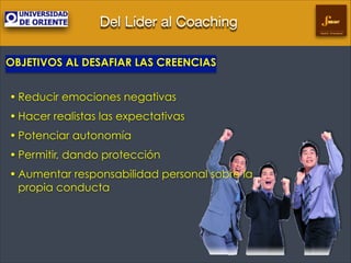 Del Líder al Coaching
Gestión Empresarial

OBJETIVOS AL DESAFIAR LAS CREENCIAS
!

• Reducir emociones negativas
• Hacer realistas las expectativas
• Potenciar autonomía
• Permitir, dando protección
• Aumentar responsabilidad personal sobre la
propia conducta

 