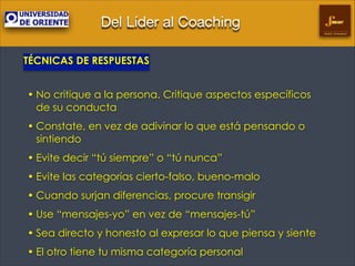Del Líder al Coaching
Gestión Empresarial

TÉCNICAS DE RESPUESTAS
!

• No critique a la persona. Critique aspectos específicos
de su conducta
• Constate, en vez de adivinar lo que está pensando o
sintiendo
• Evite decir “tú siempre” o “tú nunca”
• Evite las categorías cierto-falso, bueno-malo
• Cuando surjan diferencias, procure transigir
• Use “mensajes-yo” en vez de “mensajes-tú”
• Sea directo y honesto al expresar lo que piensa y siente
• El otro tiene tu misma categoría personal

 