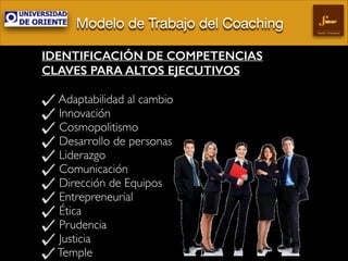 Modelo de Trabajo del Coaching
Gestión Empresarial

IDENTIFICACIÓN DE COMPETENCIAS
CLAVES PARA ALTOS EJECUTIVOS
!

Adaptabilidad al cambio	

Innovación	

Cosmopolitismo	

Desarrollo de personas	

Liderazgo	

Comunicación	

Dirección de Equipos	

Entrepreneurial	

Ética	

Prudencia	

Justicia	

Temple

 