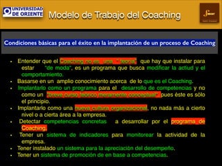 Modelo de Trabajo del Coaching
Gestión Empresarial

Condiciones básicas para el éxito en la implantación de un proceso de Coaching
• Entender que el Coaching no es una “ teoría” que hay que instalar para
estar
“de moda“, es un programa que busca modiﬁcar la actiud y el
comportamiento.!
• Basarse en un amplio conocimiento acerca de lo que es el Coaching.!
• Implantarlo como un programa para el desarrollo de competencias y no
como un “breve curso teórico meramente conceptual“, pues éste es sólo
el principio.!
• Implantarlo como una nueva cultura organizacional, no nada más a cierto
nivel o a cierta área a la empresa.!
a desarrollar por el programa de
• Detectar competencias concretas
Coaching.!
• Tener un sistema de indicadores para monitorear la actividad de la
empresa.!
• Tener instalado un sistema para la apreciación del desempeño.!
• Tener un sistema de promoción de en base a competencias.

 