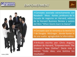EMPOWERMENT

Gestión Empresarial

!  oncepto( asociado( estrechamente( con(
C
Rosabeth( ( Moss( ( Kanter,( profesora( de( la(
Escuela( de( negocios( en( Harvard,( editora(
de( la( Harvard( Business( Review( y( autora(
del(libro(“When(Giants(learn(to(Dance”.(
!  oncepto(que(se(remonta(a(la(teoría(X(e(
C
Y(de(Douglas((McGregor(,(donde(Kanter(le(
da(una(vuelta((agregándole(la(informá#ca.(

Hindle,((2008)(

!  r#culo( escrito( por( Chris( Argyris,(
A
profesor(de(Harvard,(“Empowerment:(The(
Emperor´s( New( Clothes”.( Decía( más( o(
menos( “linda( idea;( una( lás#ma( los(
resultados”.(

 