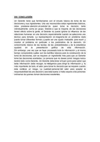 XIV. CONCLUSIÓN
Un Gerente tiene que familiarizarse con el circuito básico de toma de las
decisiones y sus ingredientes. Una vez reconocidos estos ingredientes básicos,
debe prestarse atención al carácter de quien toma la decisión, tanto
individualmente como en grupo. Debido a que la mayoría de las decisiones
tienen efecto sobre la gente, el Gerente no puede ignorar la influencia de las
relaciones humanas en una decisión, especialmente cuando se selecciona una
técnica para tomarla. La representación en diagrama de un problema dado
puede tomar diferentes formas y puede ser una ayuda invaluable para reunir y
mostrar el problema en particular o los parámetros de la decisión. Un
conocimiento básico de las teorías de las probabilidades y de la estadística
ayudará en la presentación gráfica de esta información.
Sin embargo, una vez que se haya procesado toda la información y al mismo
tiempo comprendido cuáles son los ladrillos básicos para la construcción de la
toma de decisiones, aún se requiere un ingrediente más para que un Gerente
tome las decisiones acertadas. La persona que no desee correr riesgos nunca
tendrá éxito como Gerente. Un Gerente debe tener el buen juicio para saber que
tanta información debe recoger, la inteligencia para dirigir la información y, lo
más importante de todo, el valor para tomar la decisión que se requiere cuando
ésta conlleva un riesgo. La cualidad personal del valor para aceptar la
responsabilidad de una decisión ( sea ésta buena o mala) separa a las personas
ordinarias de quienes toman decisiones excelentes.
 