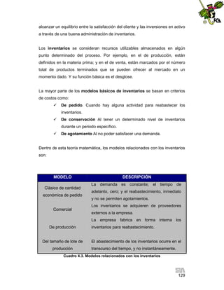 alcanzar un equilibrio entre la satisfacción del cliente y las inversiones en activo
a través de una buena administración de inventarios.

Los inventarios se consideran recursos utilizables almacenados en algún
punto determinado del proceso. Por ejemplo, en el de producción, están
definidos en la materia prima; y en el de venta, están marcados por el número
total de productos terminados que se pueden ofrecer al mercado en un
momento dado. Y su función básica es el desglose.

La mayor parte de los modelos básicos de inventarios se basan en criterios
de costos como:


De pedido. Cuando hay alguna actividad para reabastecer los
inventarios.



De conservación Al tener un determinado nivel de inventarios
durante un periodo específico.



De agotamiento Al no poder satisfacer una demanda.

Dentro de esta teoría matemática, los modelos relacionados con los inventarios
son:

MODELO
Clásico de cantidad
económica de pedido

Comercial

DESCRIPCIÓN
La demanda es constante; el tiempo de
adelanto, cero; y el reabastecimiento, inmediato
y no se permiten agotamientos.
Los inventarios se adquieren de proveedores
externos a la empresa.
La empresa fabrica en forma interna los

De producción

Del tamaño de lote de
producción

inventarios para reabastecimiento.

El abastecimiento de los inventarios ocurre en el
transcurso del tiempo, y no instantáneamente.

Cuadro 4.3. Modelos relacionados con los inventarios

129

 